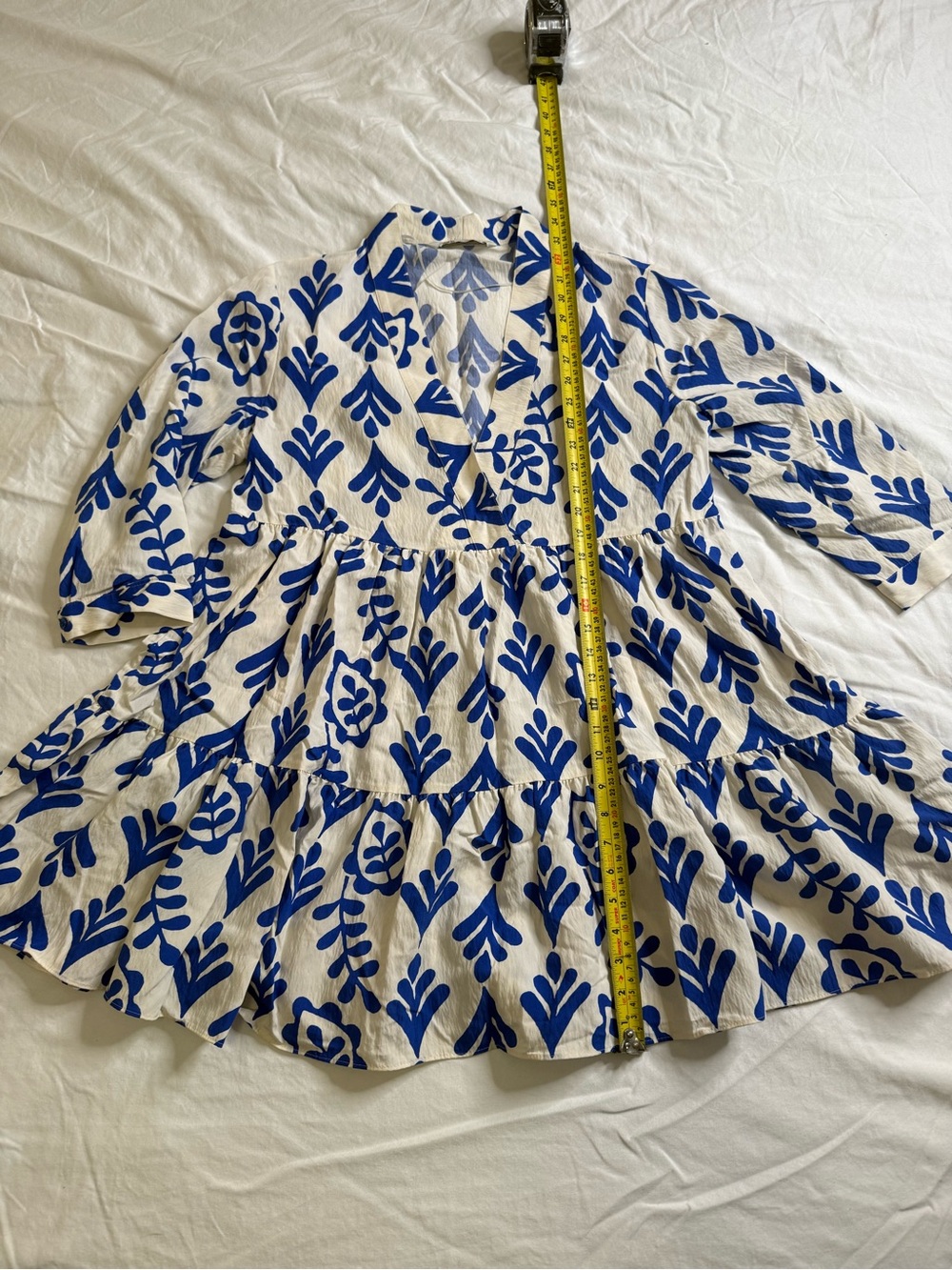 Zara Blue White Mediterranean Print Tiered Babydoll Dress M Coastal Resort - Picture 10 of 10